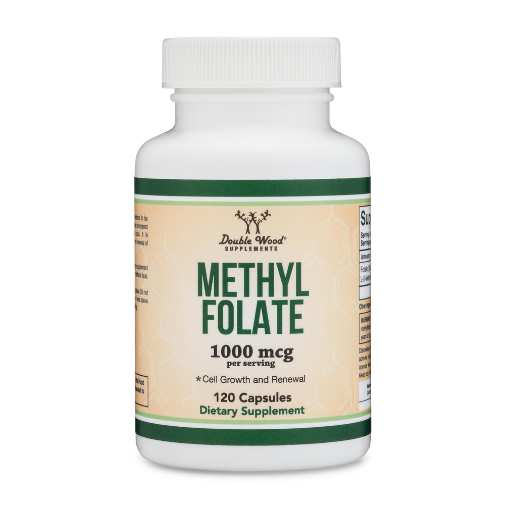 Third-party testing seal and branding on Double Wood Methylfolate packaging