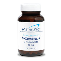 MethylPro B-Complex bottle front with vegan capsules for energy support.