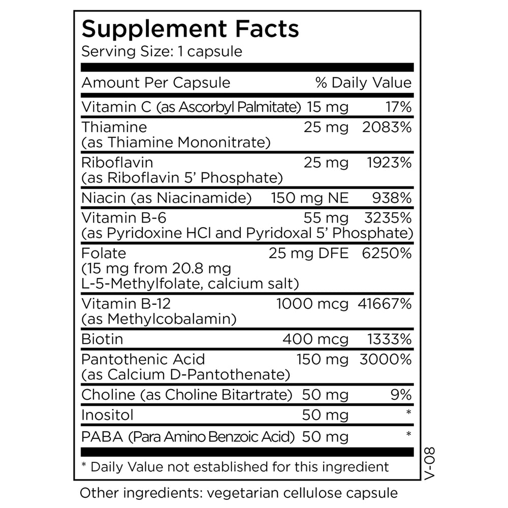 Close-up of the MethylPro B-Complex label showing 15 mg L-Methylfolate.