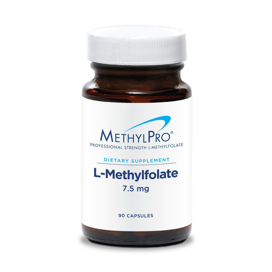 Front view of MethylPro L-Methylfolate 7.5 mg bottle with 90 capsules