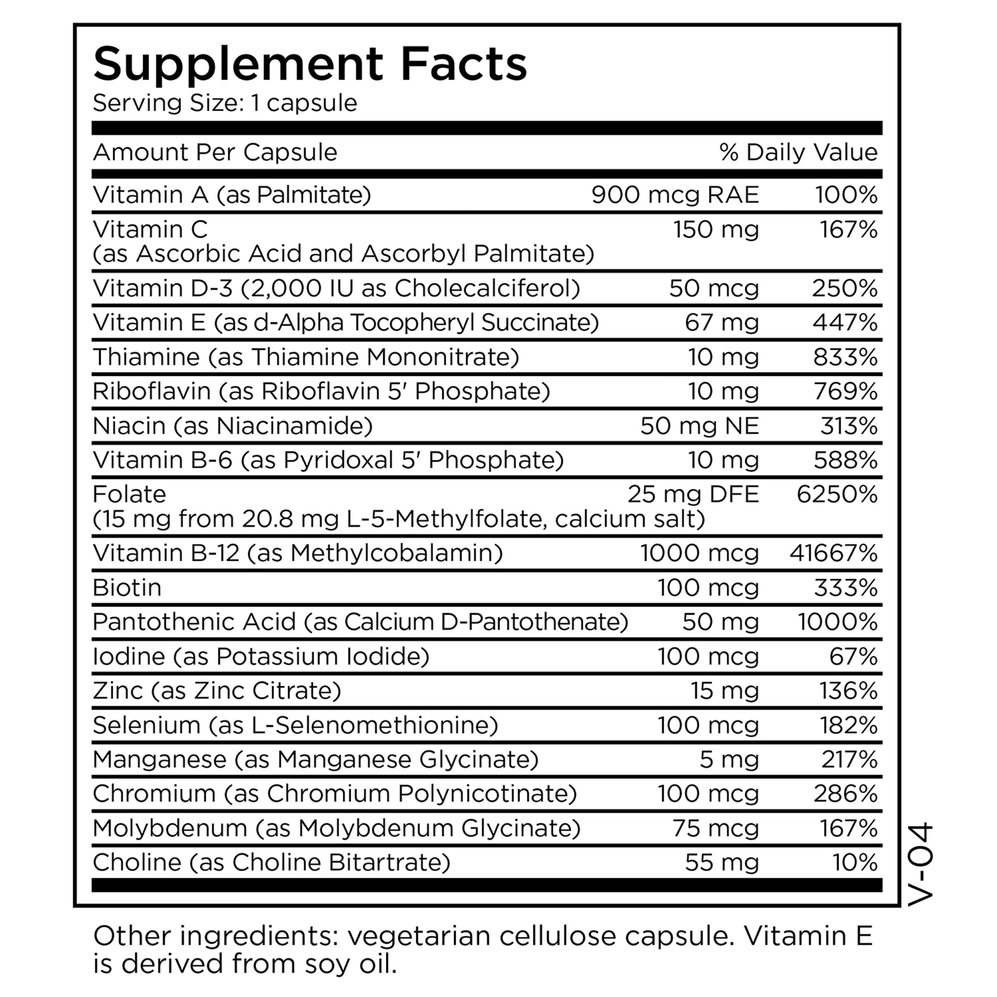 Closeup of MethylPro multivitamin contents highlighting essential nutrients
