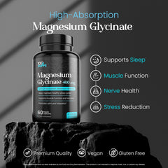 Front view of Magnesium Glycinate 400mg 60-count bottle