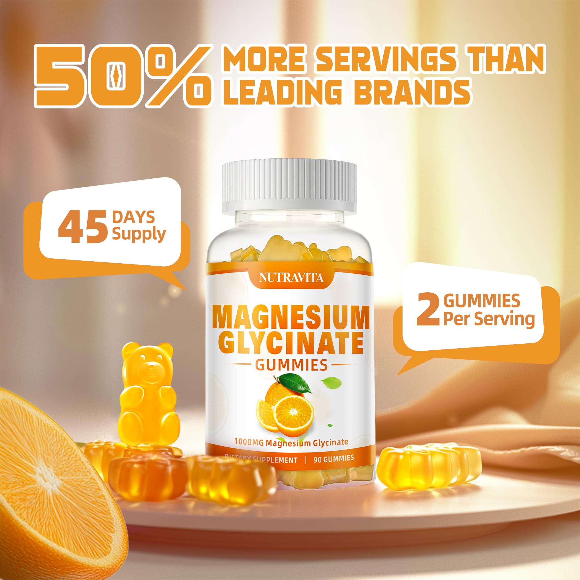 90 count bottle of Magnesium Glycinate Gummies, orange flavor