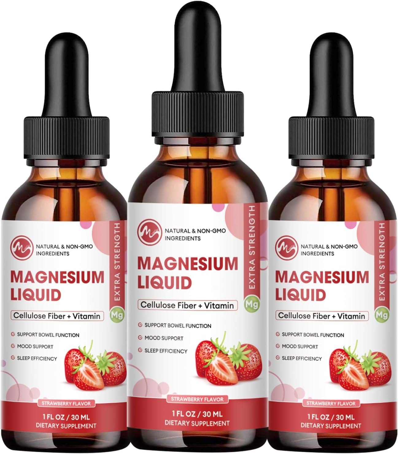Front view of the 3-pack magnesium glycinate liquid drops bottle