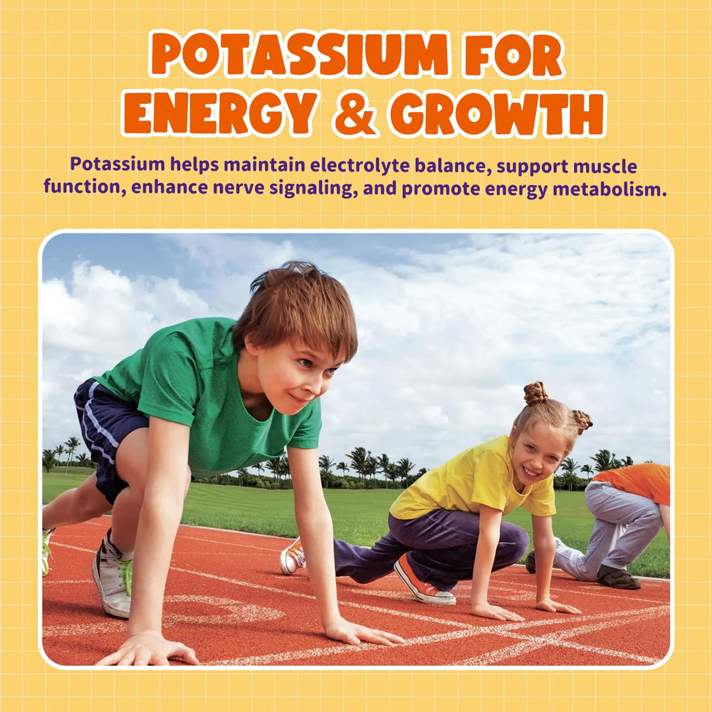 Infographic showing key nutrients included in gummies: magnesium glycinate, potassium, calcium, zinc, D3, B6