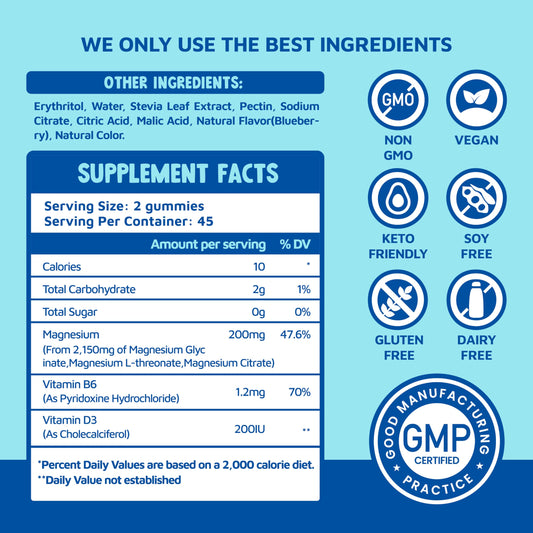 Close-up of blueberry flavored magnesium glycinate gummies