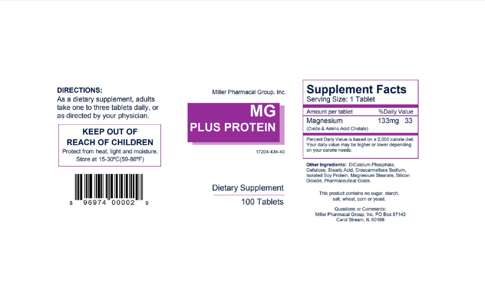 Mg Plus Protein Miller bottle label showing protein chelate magnesium.