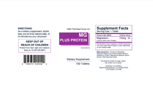 Mg Plus Protein Miller bottle label showing protein chelate magnesium.