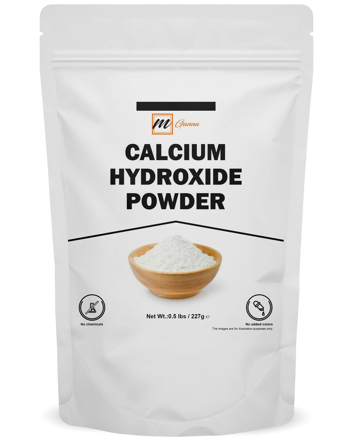 Front view of mGanna Calcium Hydroxide powder resealable pouch - 227 g