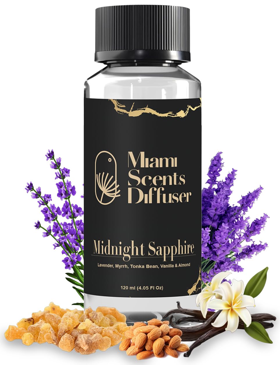 Miami Scents Diffuser Midnight Sapphire bottle highlights lavender and vanilla for calm mornings