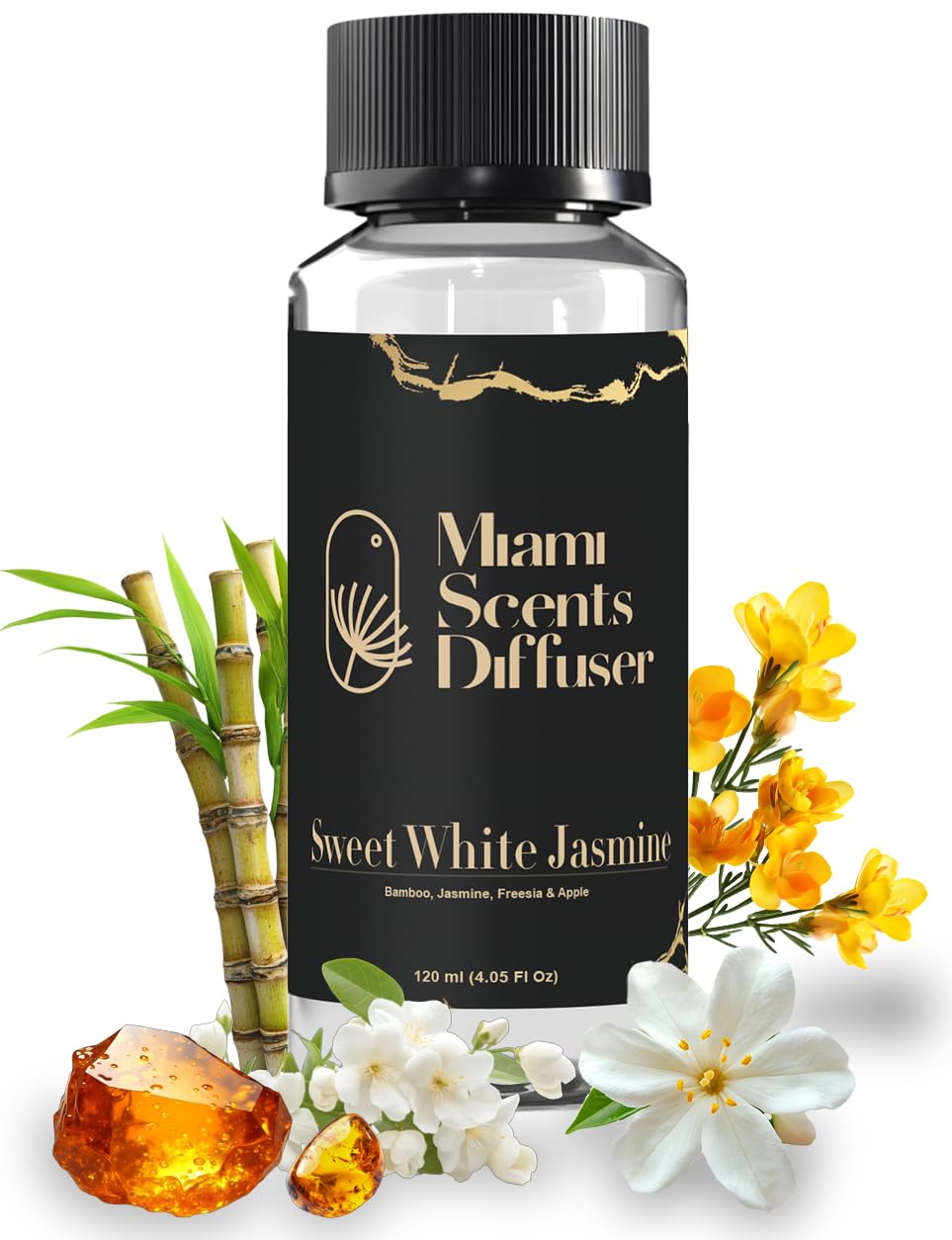 Miami Scents Diffuser Sweet White Jasmine bottle closeup for calming evening ambience