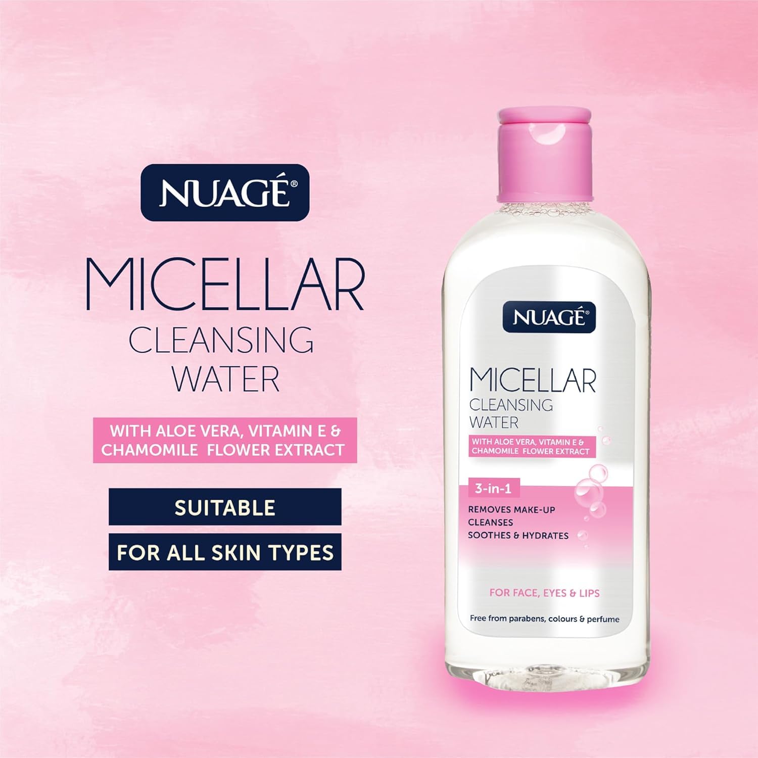 Close-up of Micellar Water formula showing gentle cleansing suitable for sensitive skin