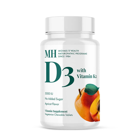 Front view of MICHAEL'S D3 K2 bottle with apricot chewables