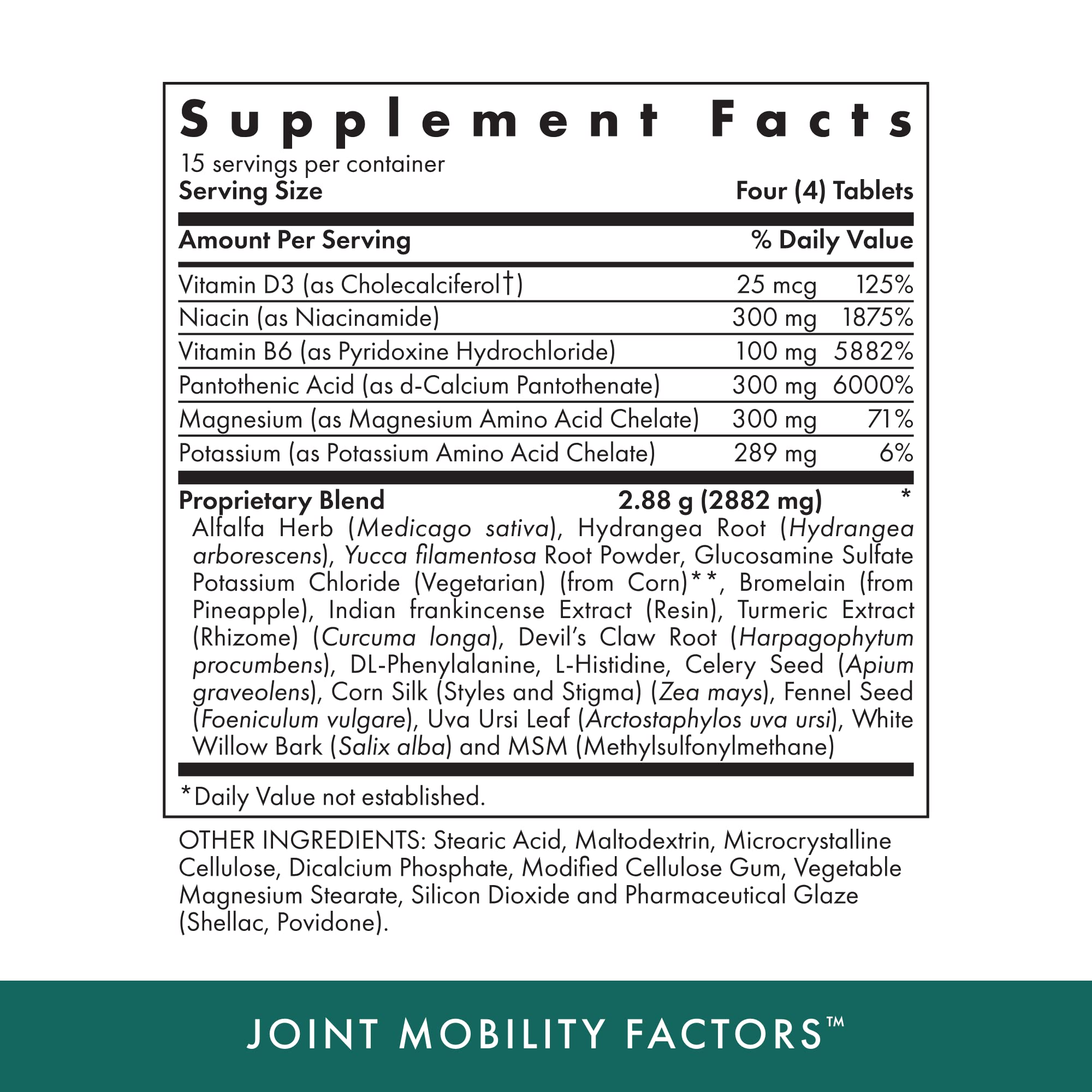 Close-up of joint mobility factors ingredients including glucosamine and vitamins