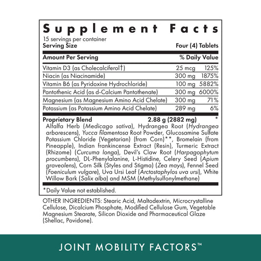 Close-up of joint mobility factors ingredients including glucosamine and vitamins