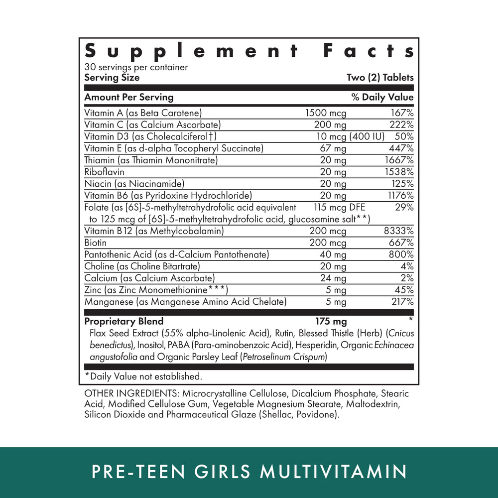 Close-up of bottle label for MICHAEL'S Health Naturopathic Programs Pre-Teen Girls daily multivitamin