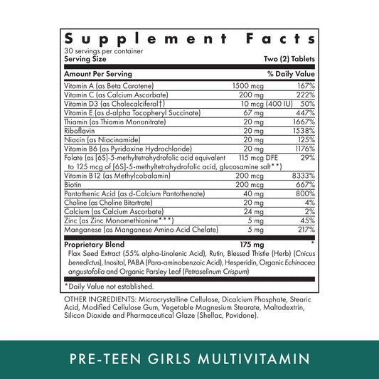 Close-up of bottle label for MICHAEL'S Health Naturopathic Programs Pre-Teen Girls daily multivitamin