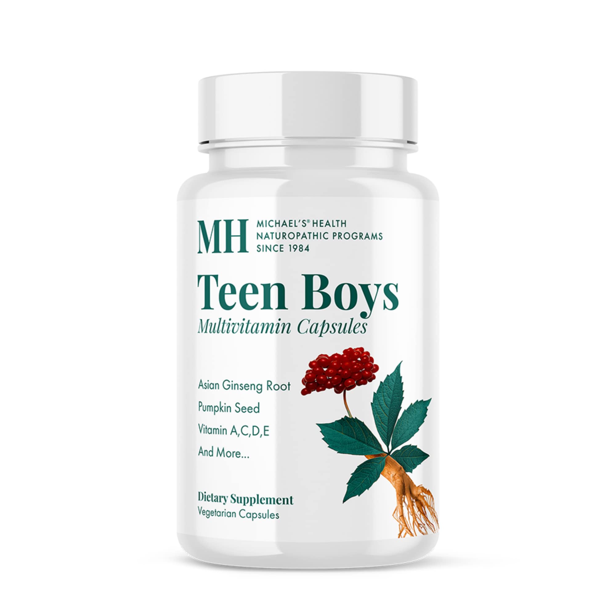 Product bottle label for Michael's Health Naturopathic Teen Boys Daily Multivitamin - 120 vegetarian capsules