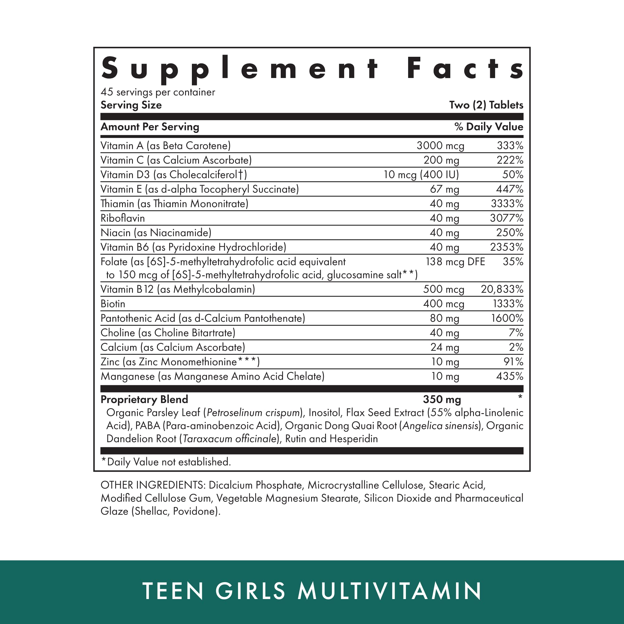 MICHAEL'S Health Teen Girls Multivitamin bottle back label