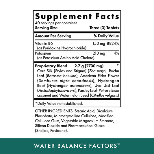 Close-up of Michael's Water Balance Factors bottle label