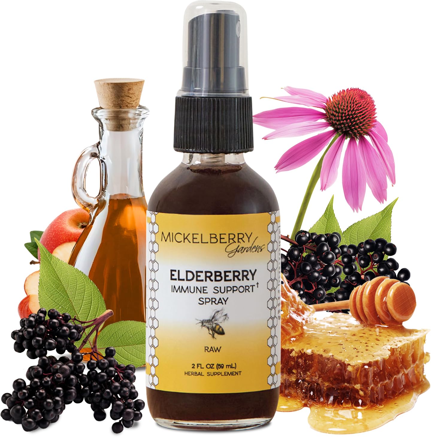Front view of Mickelberry Gardens Elderberry Honey Propolis Throat Spray 2 oz bottle