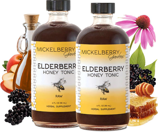 Two Mickelberry Gardens Elderberry Honey Tonic bottles with label close-up