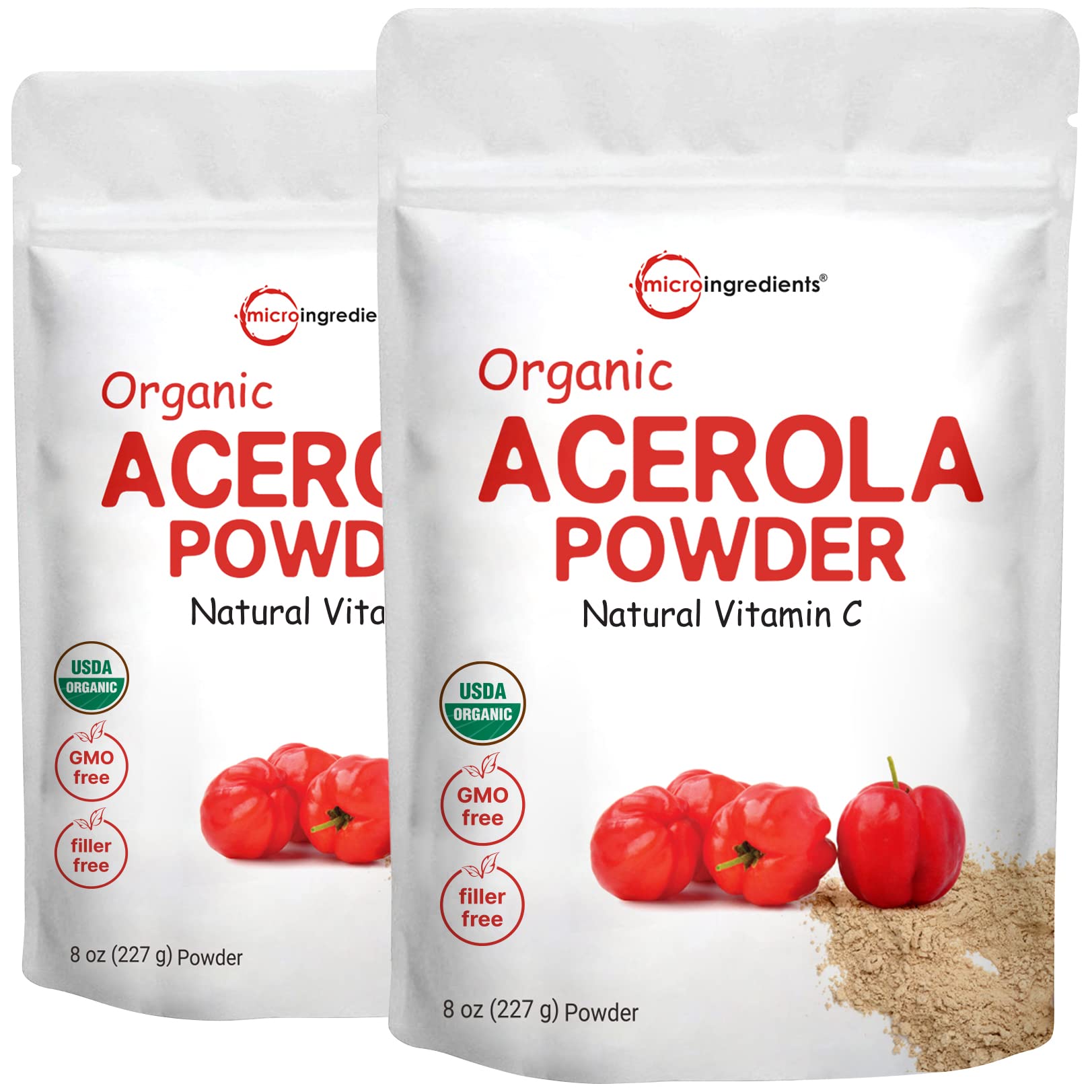 Micro Ingredients Acerola powder bottle pouring for convenient vitamin C boost.
