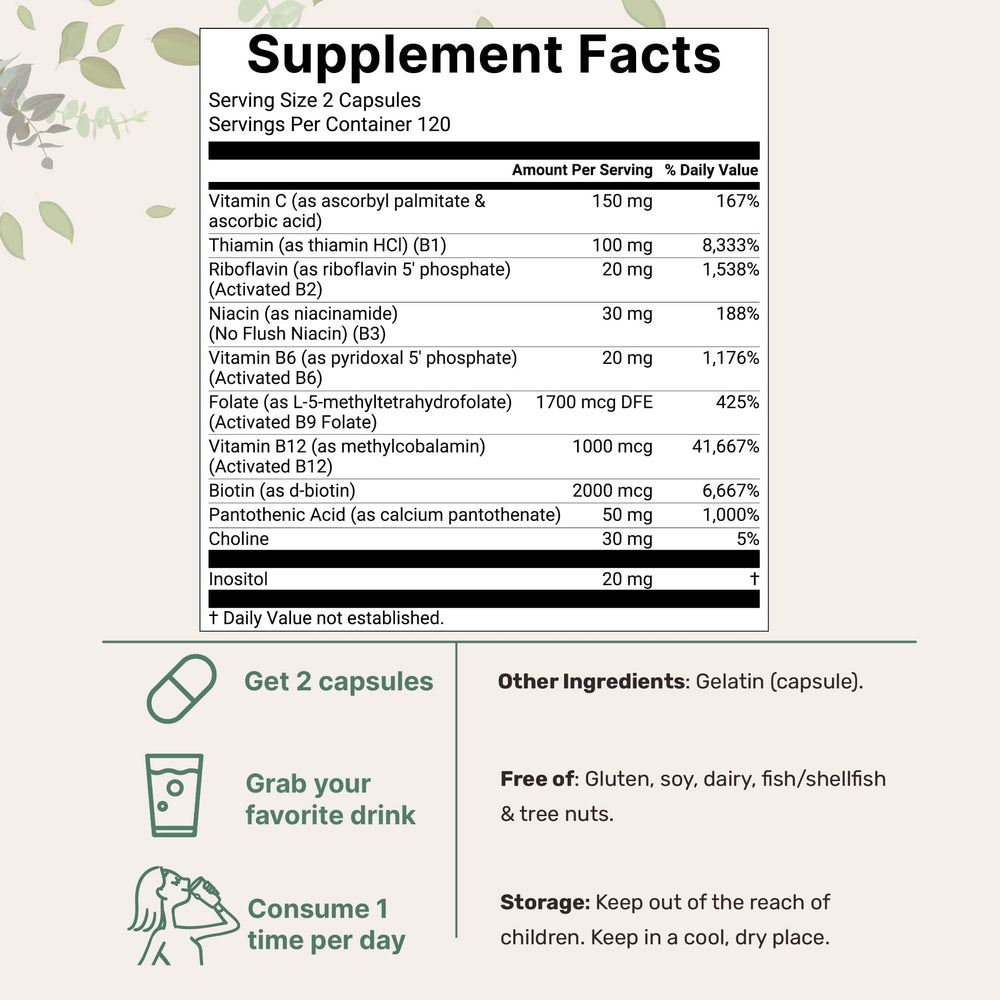 Micro Ingredients B Complex capsules closeup showing active methylated vitamins