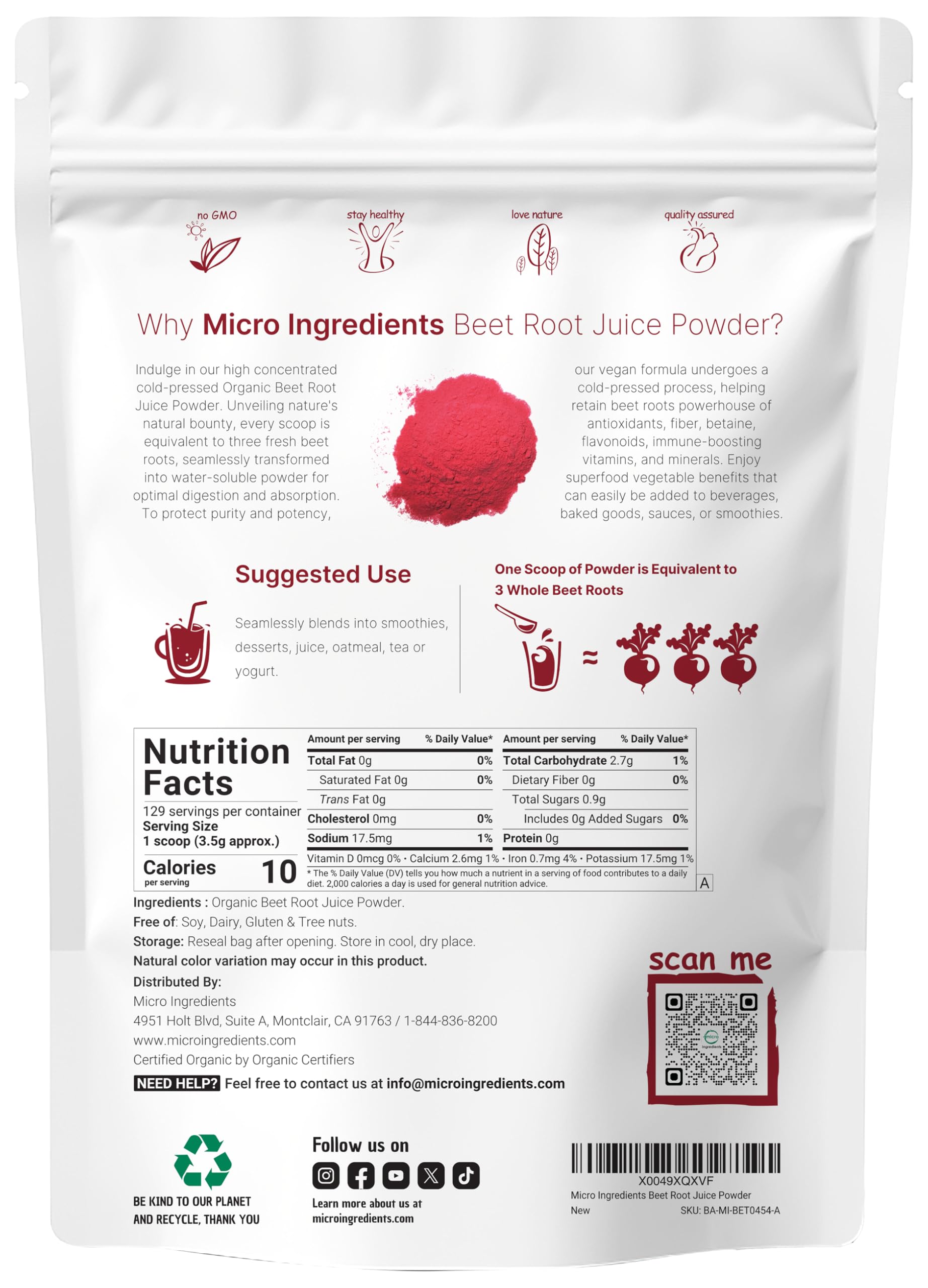 Beet root powder scoop showing 3.5 g serving