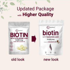 Benefits graphic showing hair, skin, and nails support from biotin and hyaluronic acid