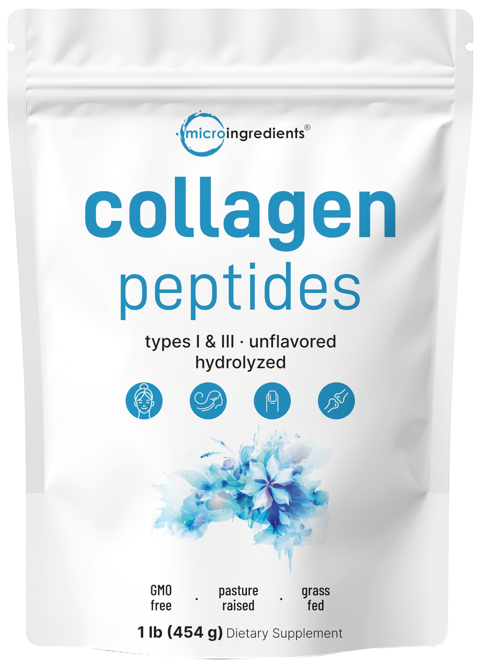 Front view of Micro Ingredients Bovine Collagen Peptides Powder 1lb package