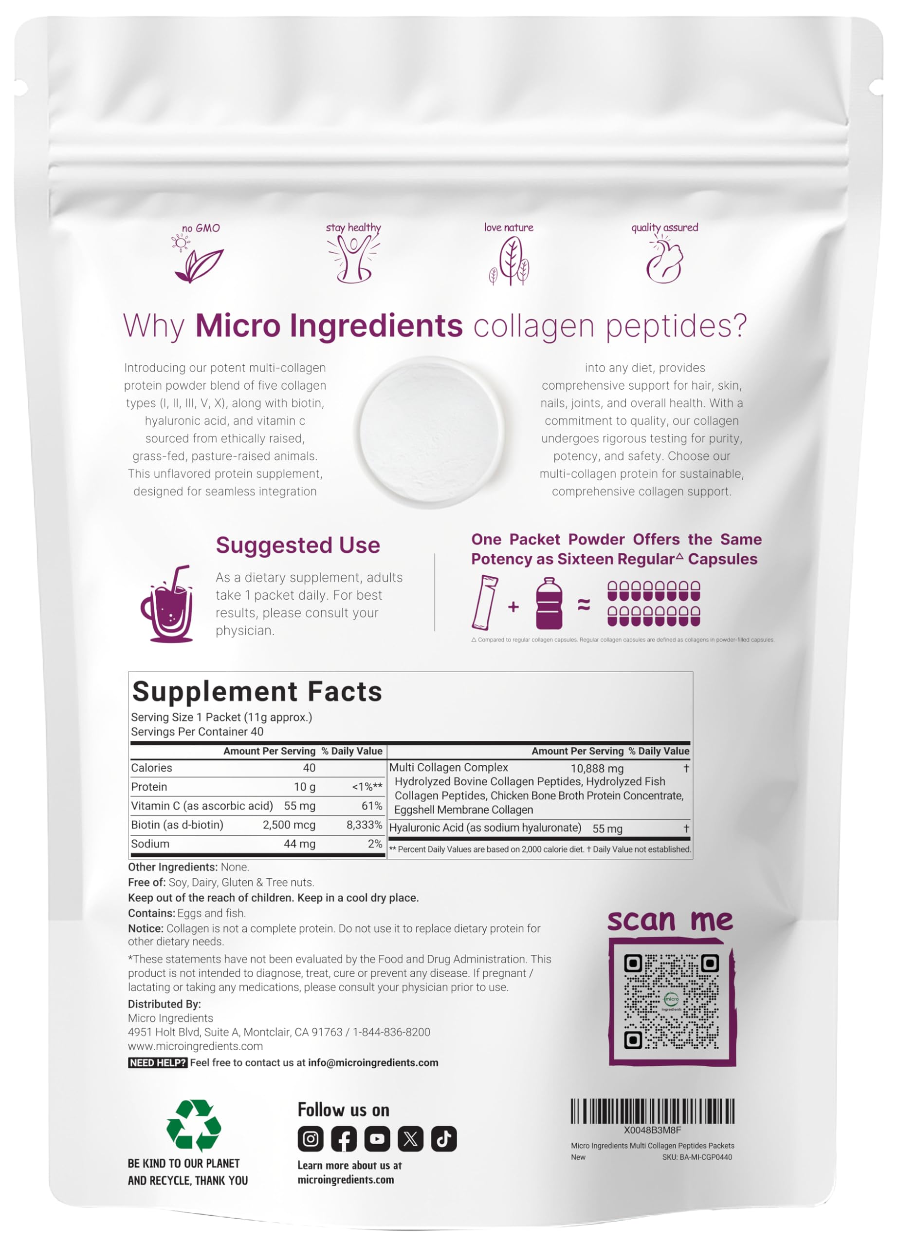 Label showing collagen types I, II, III, V, X with Hyaluronic Acid, Biotin and Vitamin C