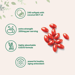 Close-up of CoQ10 softgels with coconut MCT oil ingredients