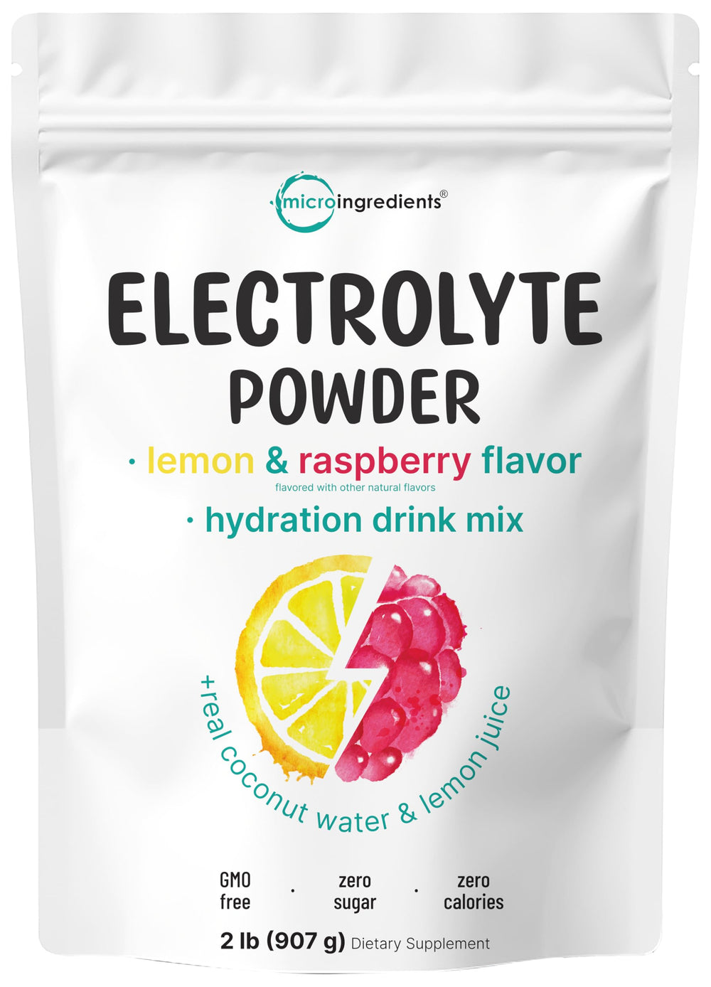 Front view of Micro Ingredients Electrolyte Powder Lemon Raspberry 2 lb package