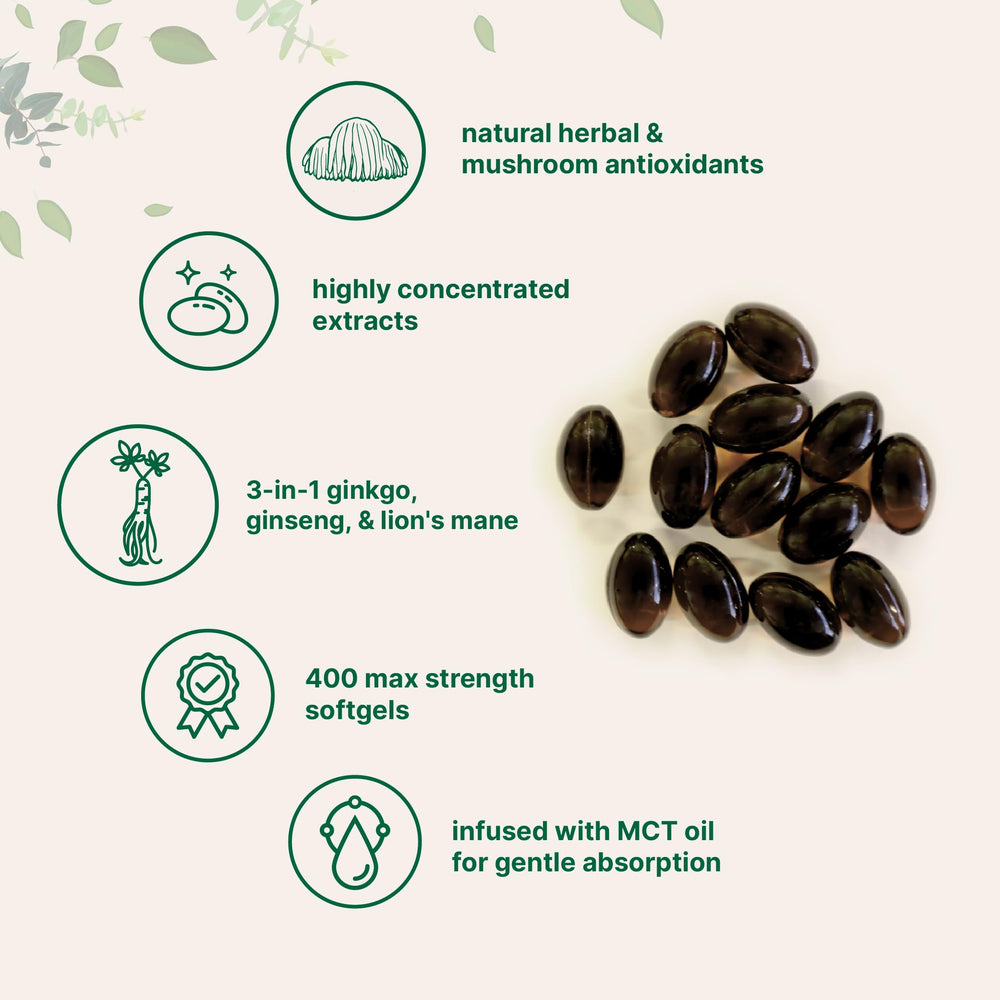 Packaging showing ginkgo biloba, ginseng, and lion’s mane extracts
