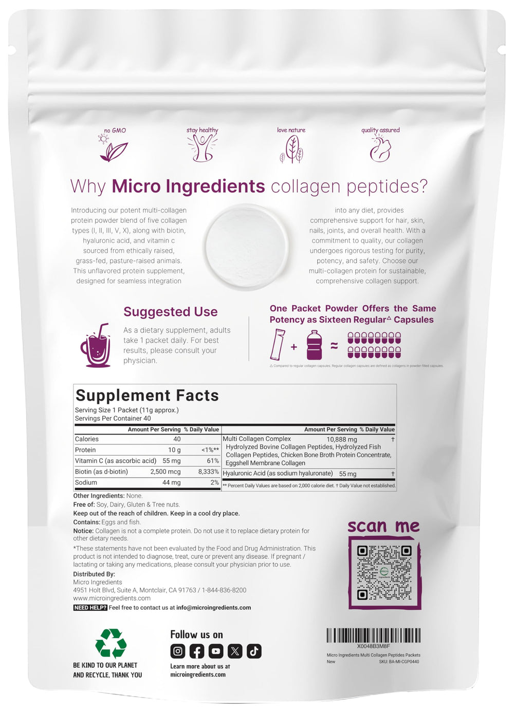 Micro Ingredients Multi Collagen Packet Open demonstrating easy mixing into drinks.