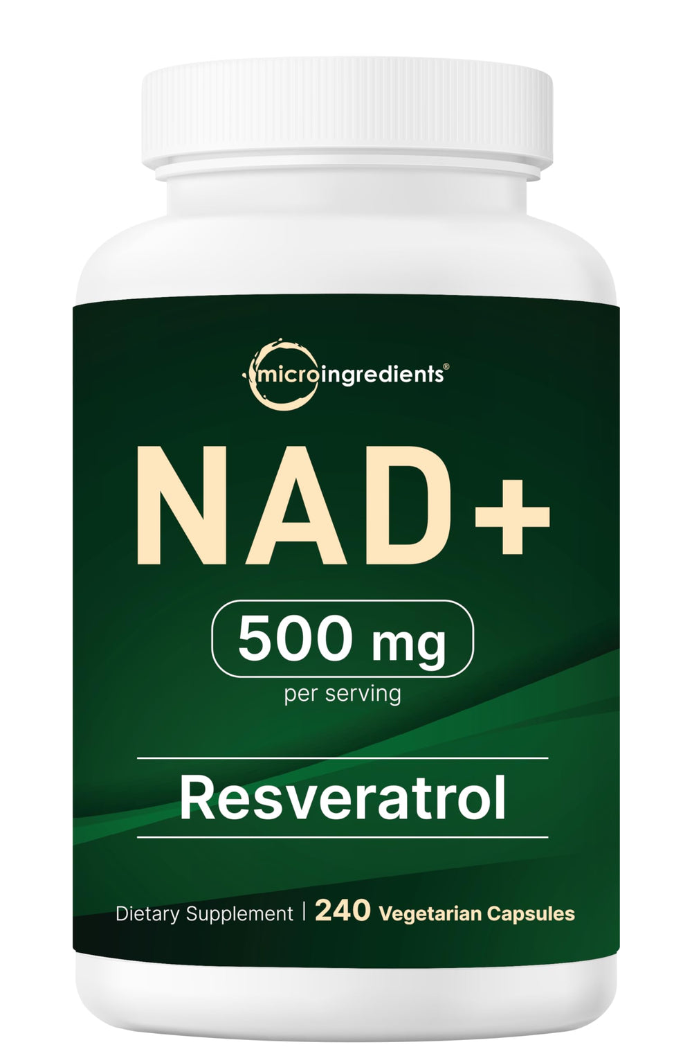 Bottle of Micro Ingredients NAD+ 500mg with Resveratrol 240 veggie capsules