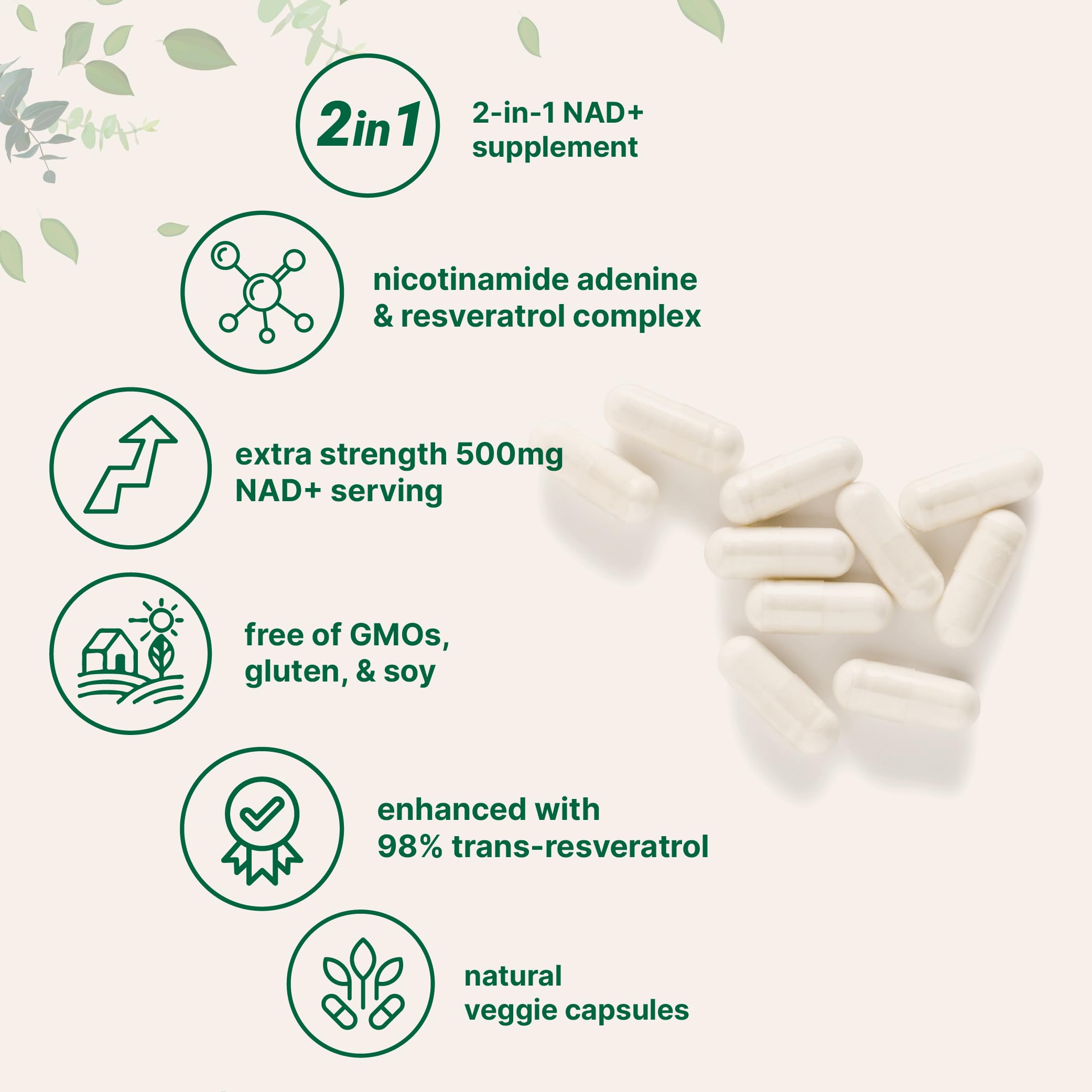 Supplement facts panel showing NAD+ and Resveratrol ingredients