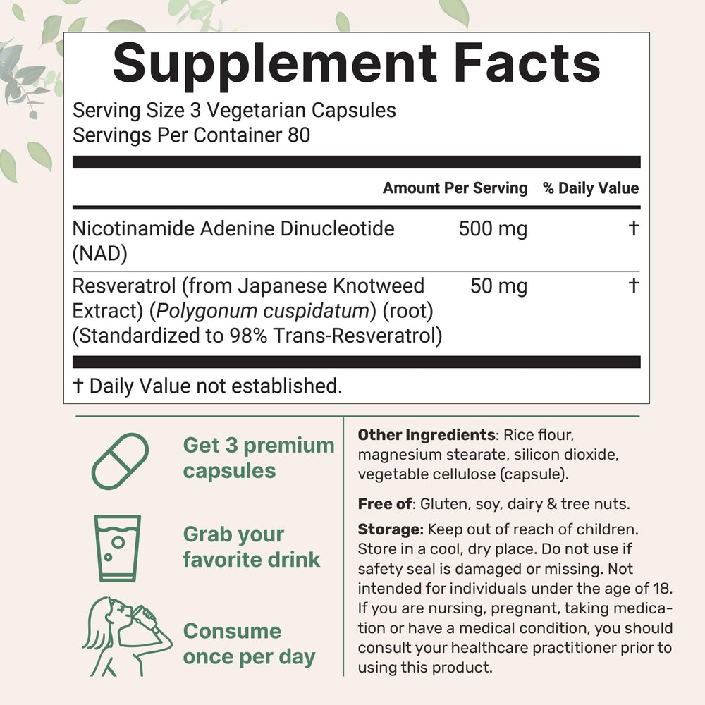 Product label close-up for NAD+ + Resveratrol 500mg