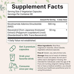 Product label close-up for NAD+ + Resveratrol 500mg