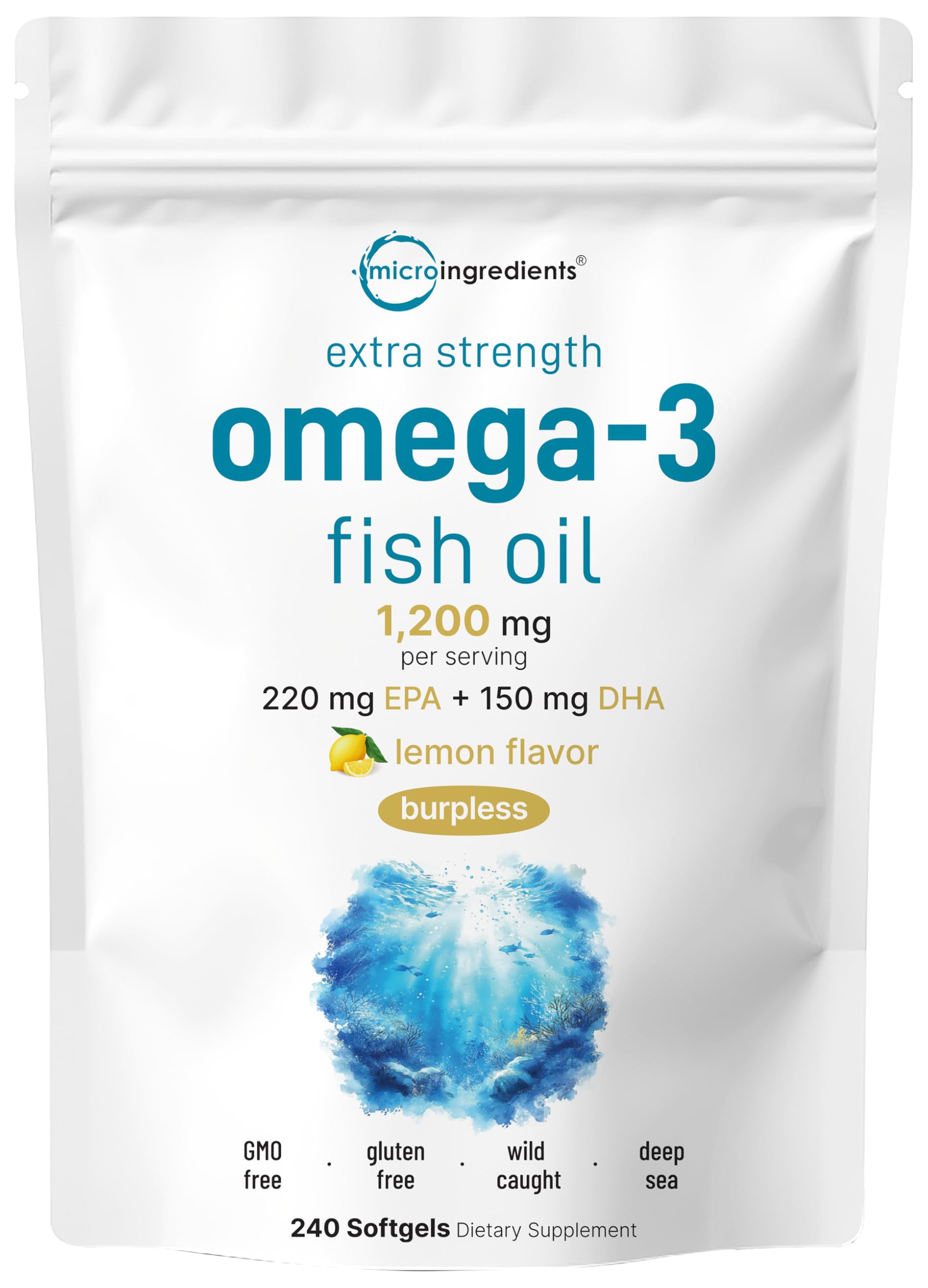 Front view of Micro Ingredients Omega-3 1200mg lemon-flavored softgels bottle