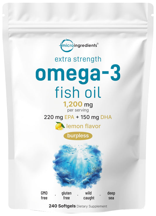 Front view of Micro Ingredients Omega-3 1200mg lemon-flavored softgels bottle
