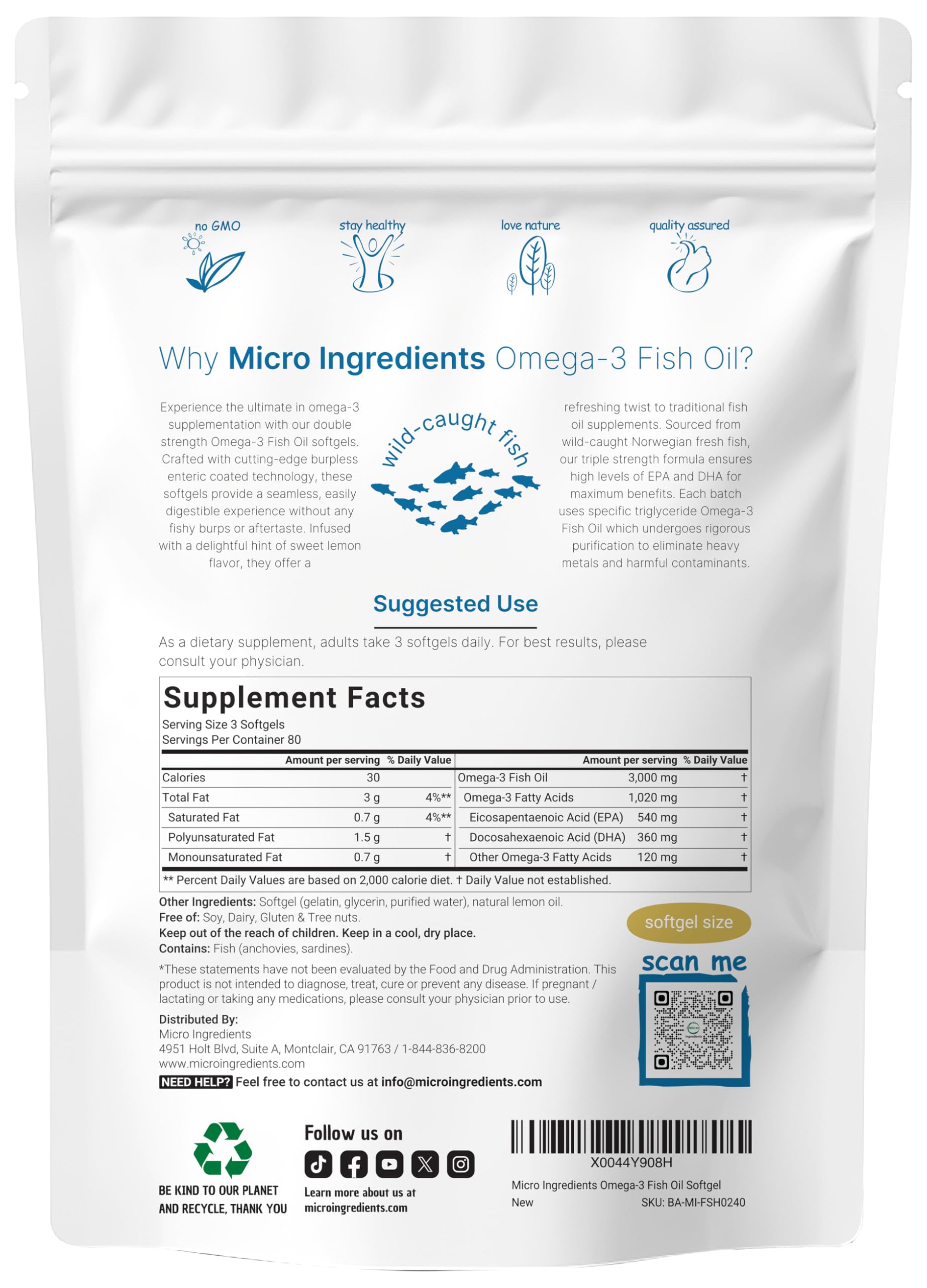 Lemon-flavored omega-3 burpless softgels in bottle