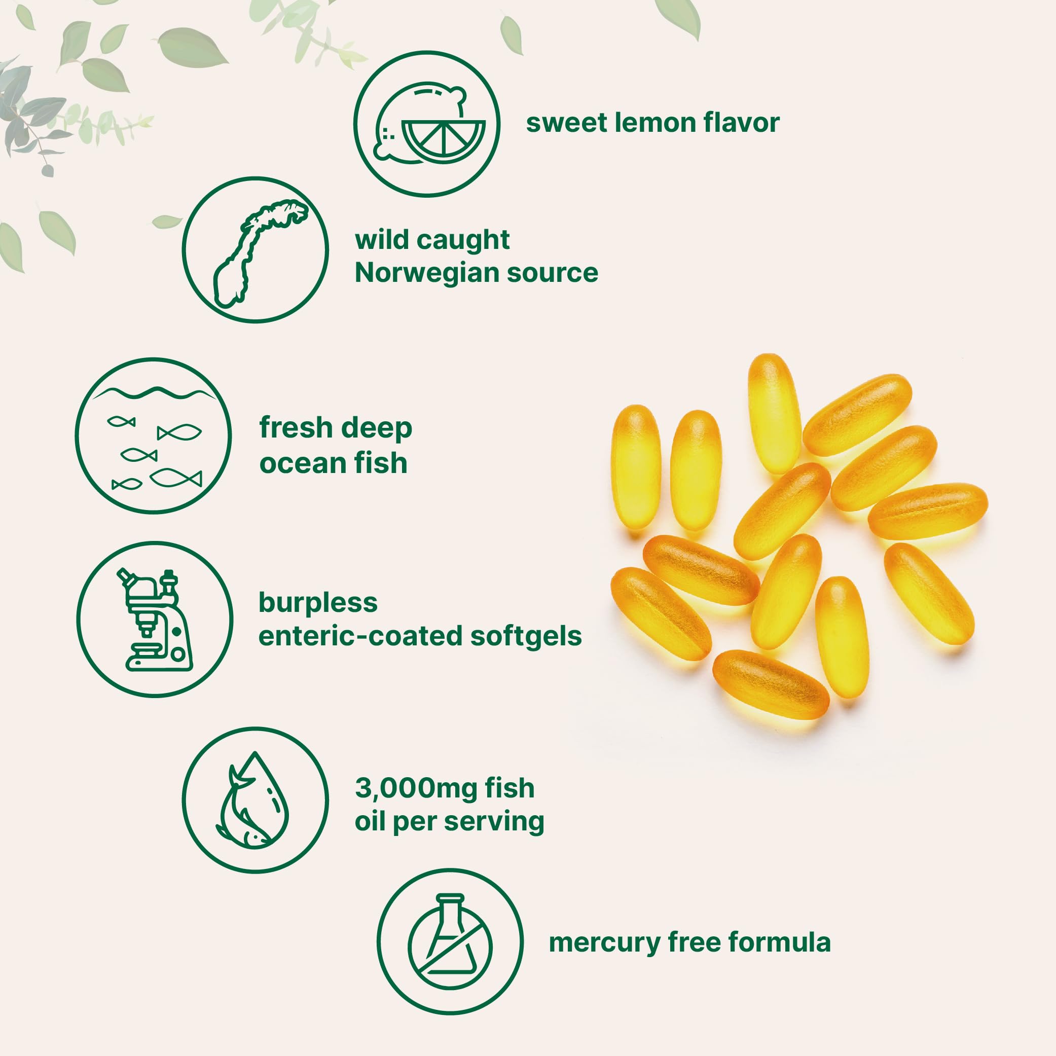 Close-up of enteric-coated omega-3 softgels