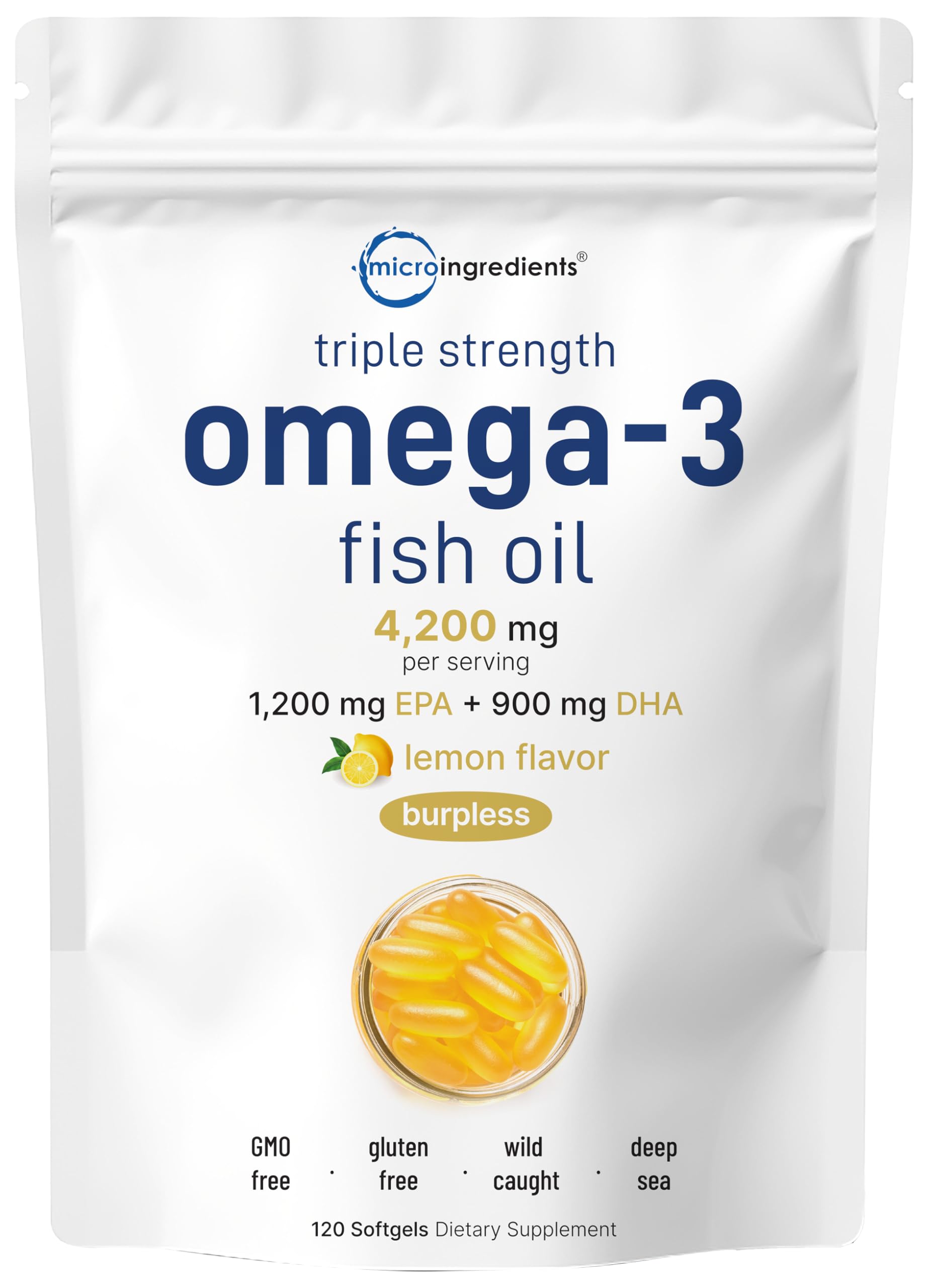Box of Micro Ingredients Omega-3 fish oil with lemon flavor and 120 softgels