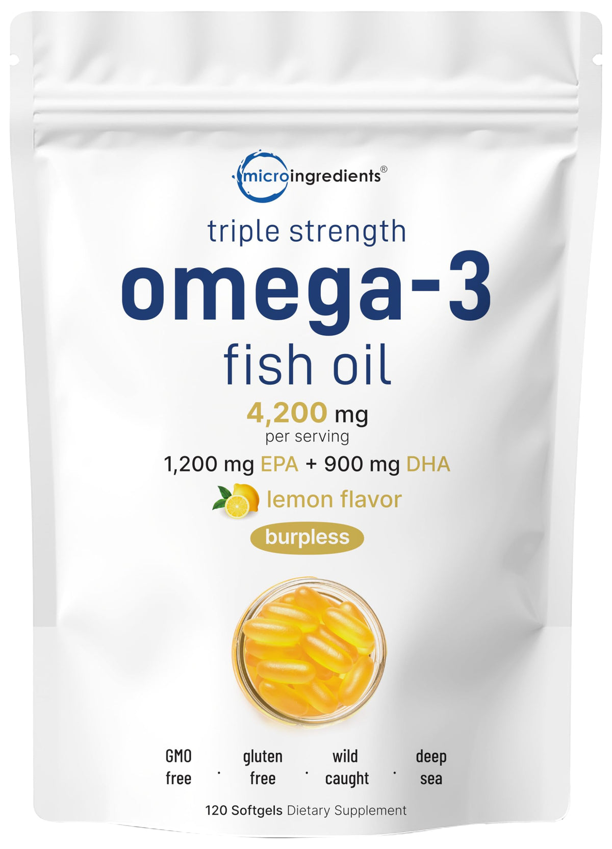 Box of Micro Ingredients Omega-3 fish oil with lemon flavor and 120 softgels