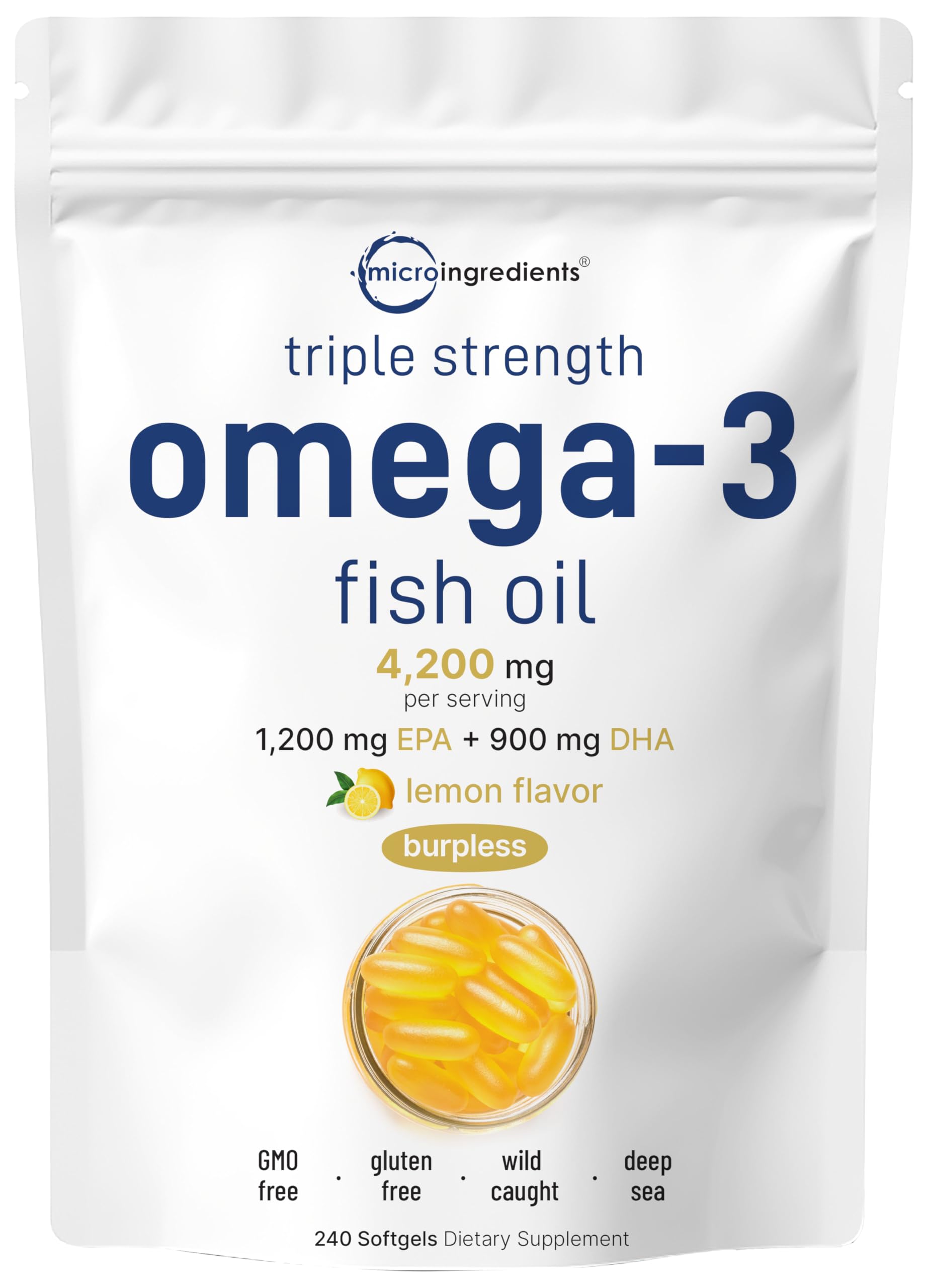 Front view of Micro Ingredients triple-strength lemon-flavored burpless omega-3 softgels bottle.