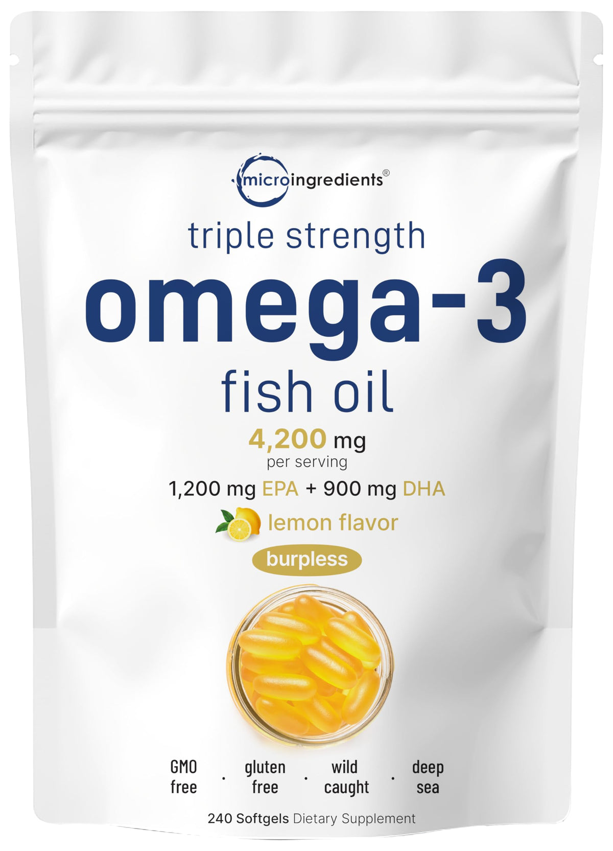 Front view of Micro Ingredients triple-strength lemon-flavored burpless omega-3 softgels bottle.