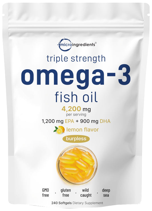 Front view of Micro Ingredients triple-strength lemon-flavored burpless omega-3 softgels bottle.