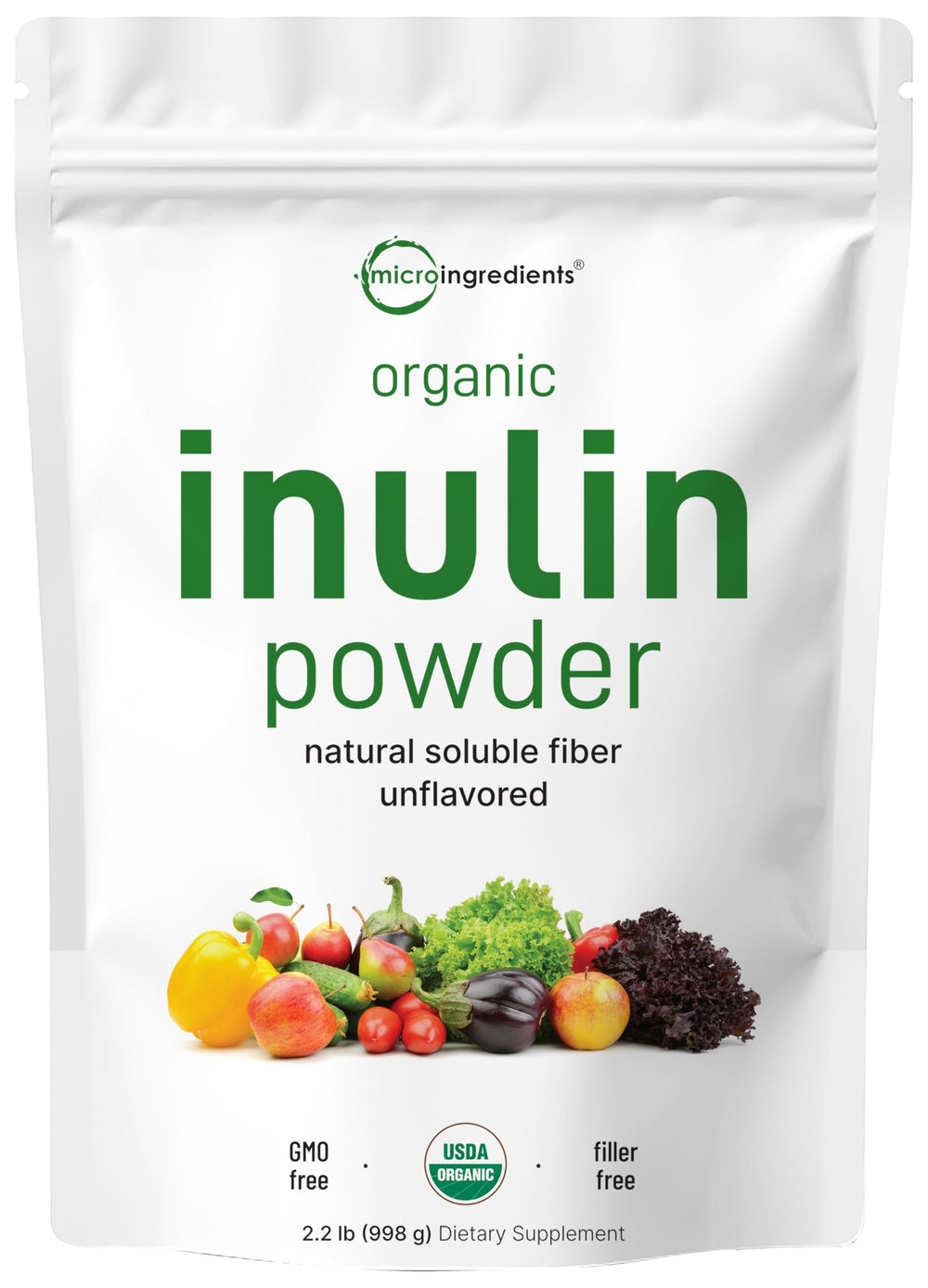 Front view of Micro Ingredients Organic Inulin FOS Fiber Powder 2.2 lb packaging